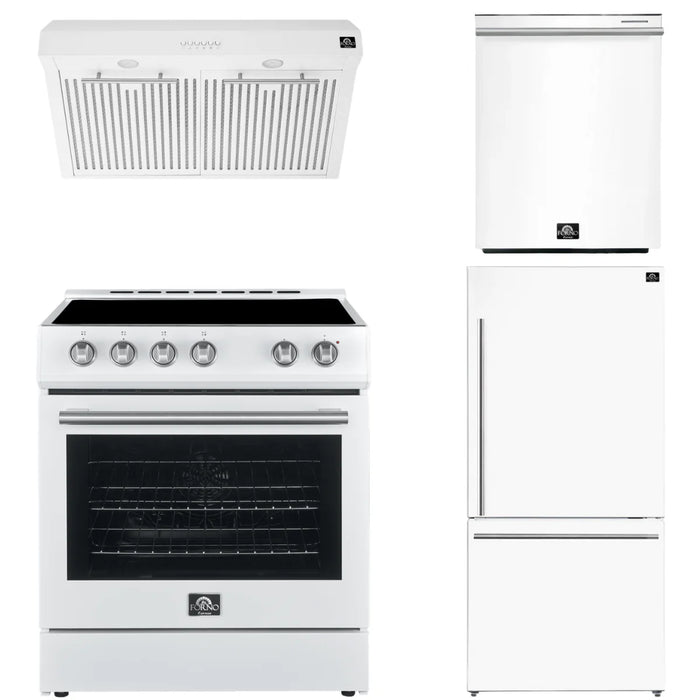 Forno Espresso Package - 30" Electric Range, Range Hood, Refrigerator and Dishwasher in White with Silver Handles, FBDL-006-03US