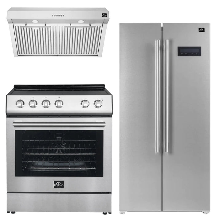 Forno Espresso Package - 30" Electric Range, Range Hood and Refrigerator in Stainless Steel with Silver Handles, AP-FFSEL6012-30-S-A9