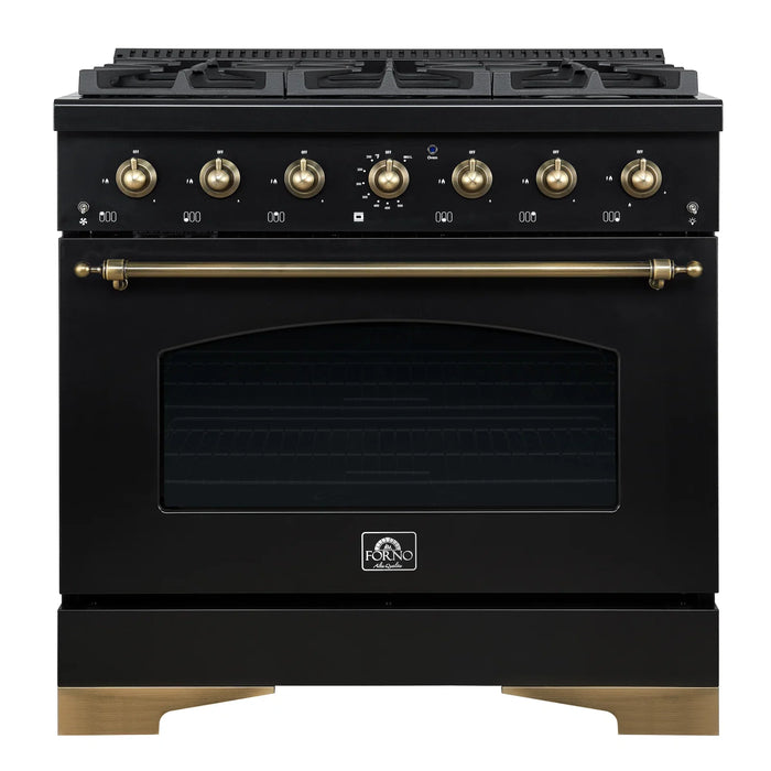 FORNO Espresso Antico 36" 4.5 cu. ft. Gas Range with 6 Sealed Burners in Black with Antique Brass Accents, FFSGS6219-36BLK