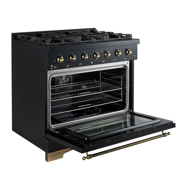FORNO Espresso Antico 36" 4.5 cu. ft. Dual Fuel Range with 6 Sealed Burners in Black with Antique Brass Accents, FFSGS6113-36BLK