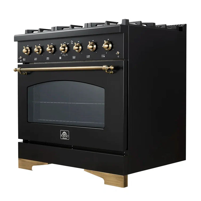 FORNO Espresso Antico 36" 4.5 cu. ft. Dual Fuel Range with 6 Sealed Burners in Black with Antique Brass Accents, FFSGS6113-36BLK