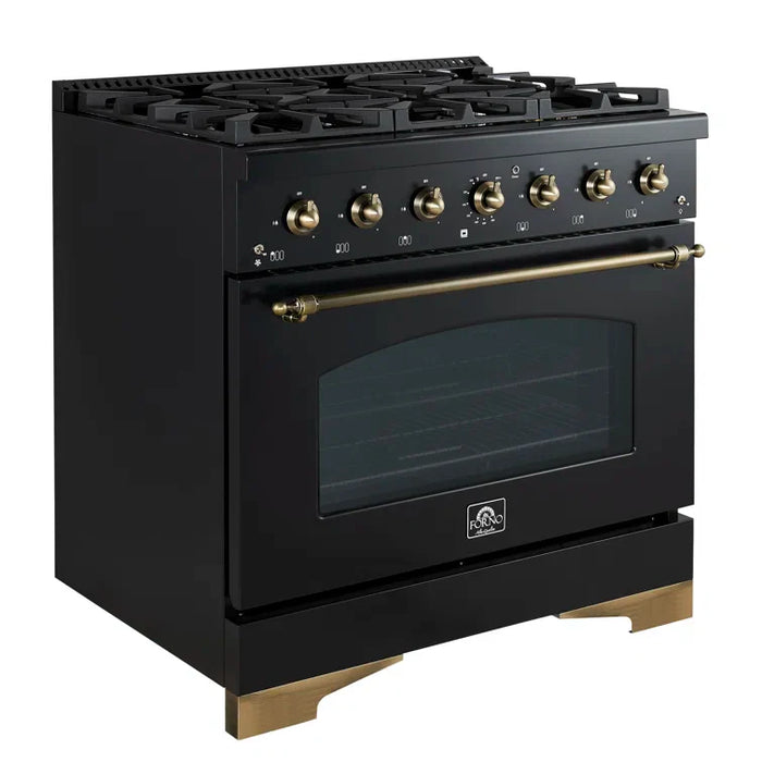 FORNO Espresso Antico 36" 4.5 cu. ft. Dual Fuel Range with 6 Sealed Burners in Black with Antique Brass Accents, FFSGS6113-36BLK