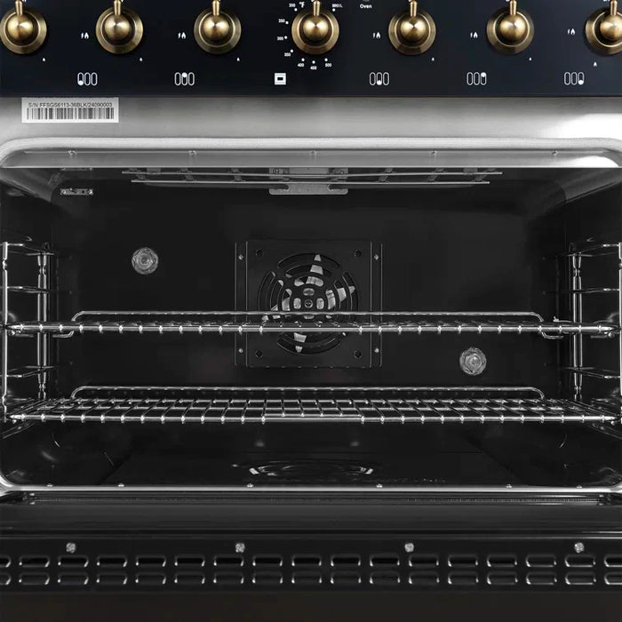 FORNO Espresso Antico 36" 4.5 cu. ft. Gas Range with 6 Sealed Burners in Black with Antique Brass Accents, FFSGS6219-36BLK