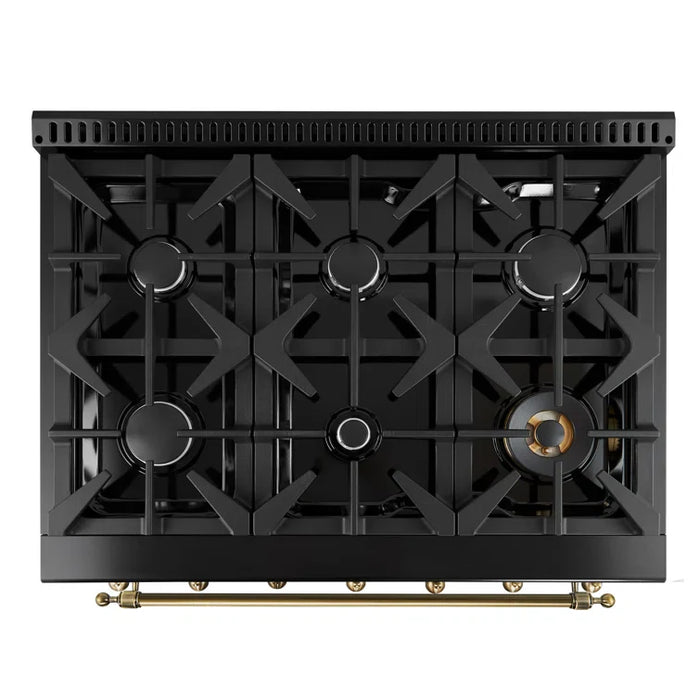 FORNO Espresso Antico 36" 4.5 cu. ft. Gas Range with 6 Sealed Burners in Black with Antique Brass Accents, FFSGS6219-36BLK