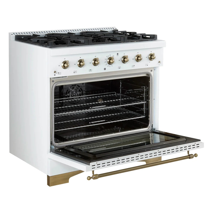 FORNO Espresso Antico 36" 4.5 cu. ft. Gas Range with 6 Sealed Burners in White with Antique Brass Accents, FFSGS6219-36WHT