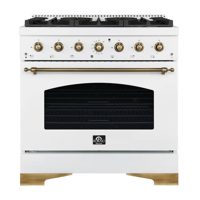 FORNO Espresso Antico 36" 4.5 cu. ft. Gas Range with 6 Sealed Burners in White with Antique Brass Accents, FFSGS6219-36WHT