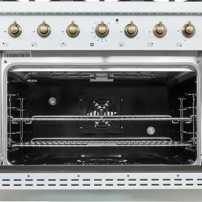 FORNO Espresso Antico 36" 4.5 cu. ft. Gas Range with 6 Sealed Burners in White with Antique Brass Accents, FFSGS6219-36WHT