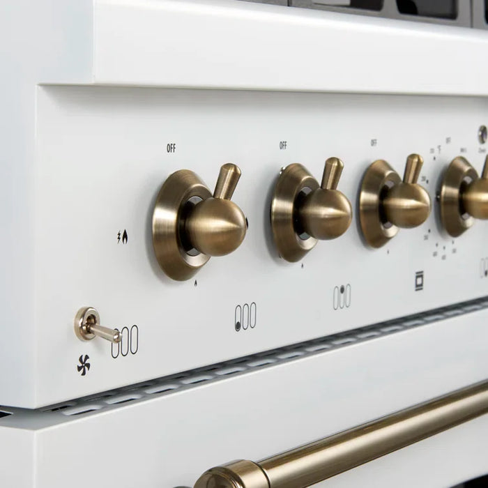 FORNO Espresso Antico 36" 4.5 cu. ft. Gas Range with 6 Sealed Burners in White with Antique Brass Accents, FFSGS6219-36WHT