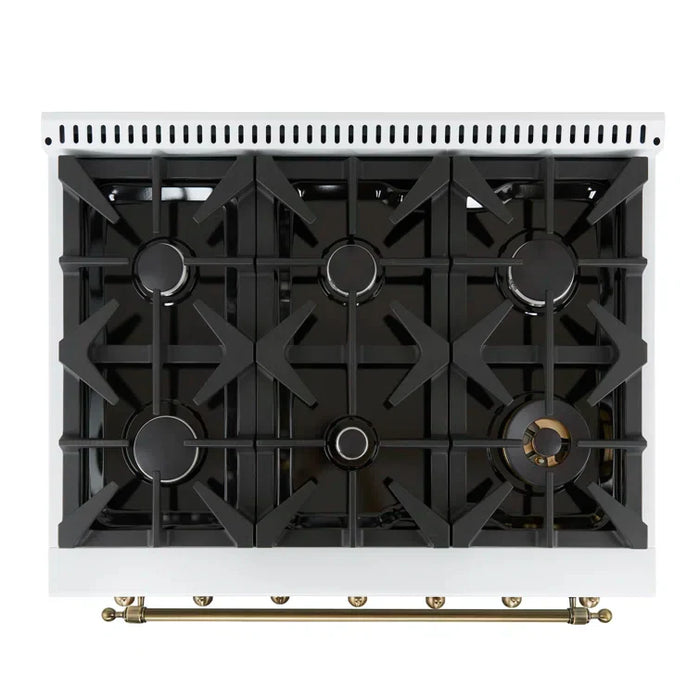 FORNO Espresso Antico 36" 4.5 cu. ft. Gas Range with 6 Sealed Burners in White with Antique Brass Accents, FFSGS6219-36WHT