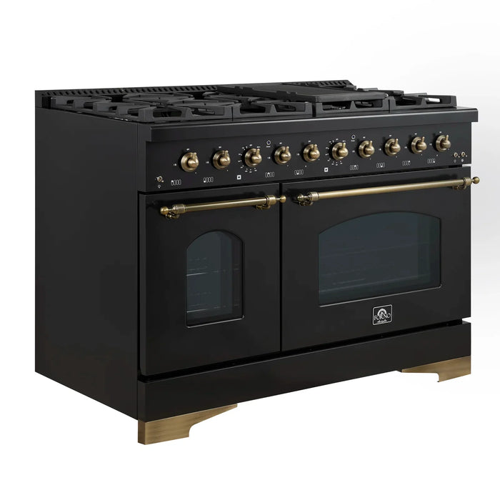 FORNO Espresso Antico 48" 5.5 cu. ft. Dual Fuel Range with 8 Sealed Burners and Griddle in Black with Antique Brass Accents, FFSGS6113-48BLK