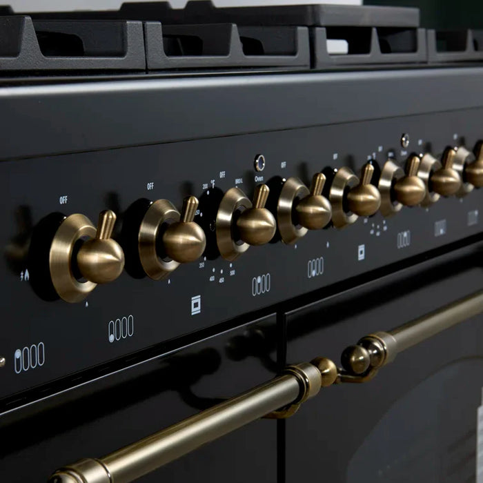 FORNO Espresso Antico 48" 5.5 cu. ft. Dual Fuel Range with 8 Sealed Burners and Griddle in Black with Antique Brass Accents, FFSGS6113-48BLK