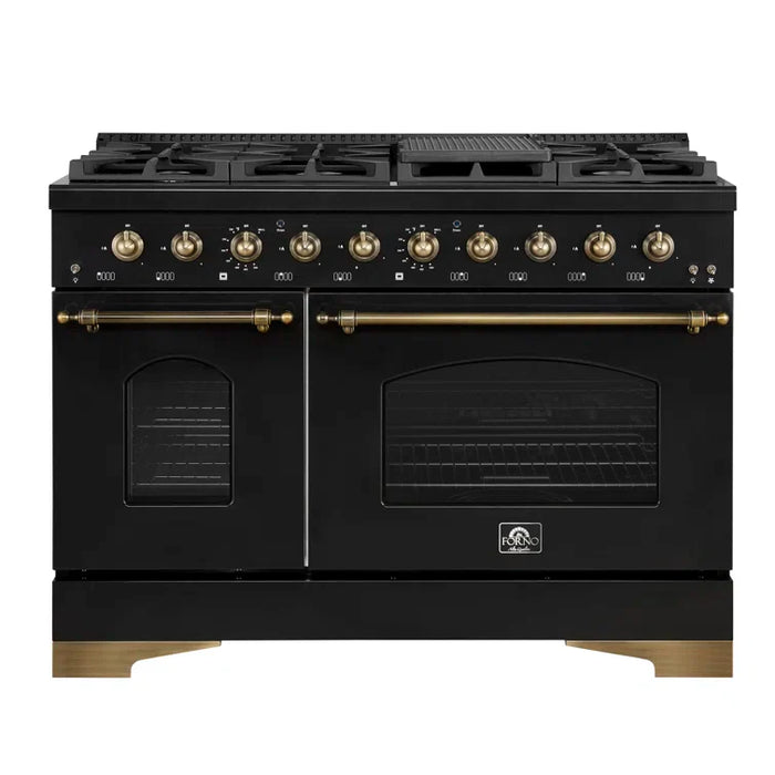 FORNO Espresso Antico 48" 5.5 cu. ft. Dual Fuel Range with 8 Sealed Burners and Griddle in Black with Antique Brass Accents, FFSGS6113-48BLK