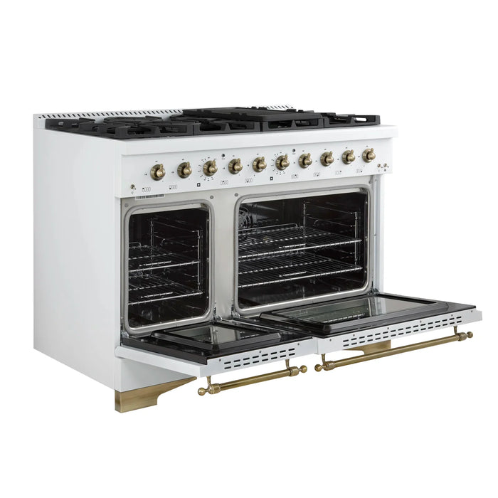 FORNO Espresso Antico 48" 5.5 cu. ft. Gas Range with 8 Sealed Burners and Griddle in White with Antique Brass Accents, FFSGS6219-48WHT