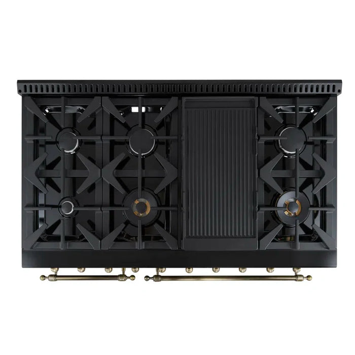 FORNO Espresso Antico 48" 5.5 cu. ft. Dual Fuel Range with 8 Sealed Burners and Griddle in Black with Antique Brass Accents, FFSGS6113-48BLK