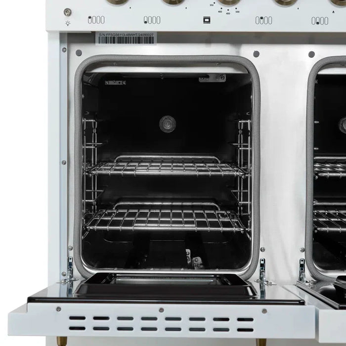 FORNO Espresso Antico 48" 5.5 cu. ft. Dual Fuel Range with 8 Sealed Burners and Griddle in White with Antique Brass Accents, FFSGS6113-48WHT