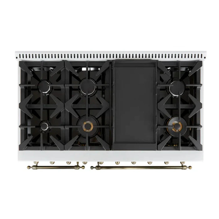 FORNO Espresso Antico 48" 5.5 cu. ft. Gas Range with 8 Sealed Burners and Griddle in White with Antique Brass Accents, FFSGS6219-48WHT