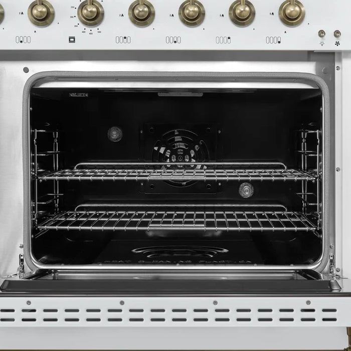 FORNO Espresso Antico 48" 5.5 cu. ft. Gas Range with 8 Sealed Burners and Griddle in White with Antique Brass Accents, FFSGS6219-48WHT