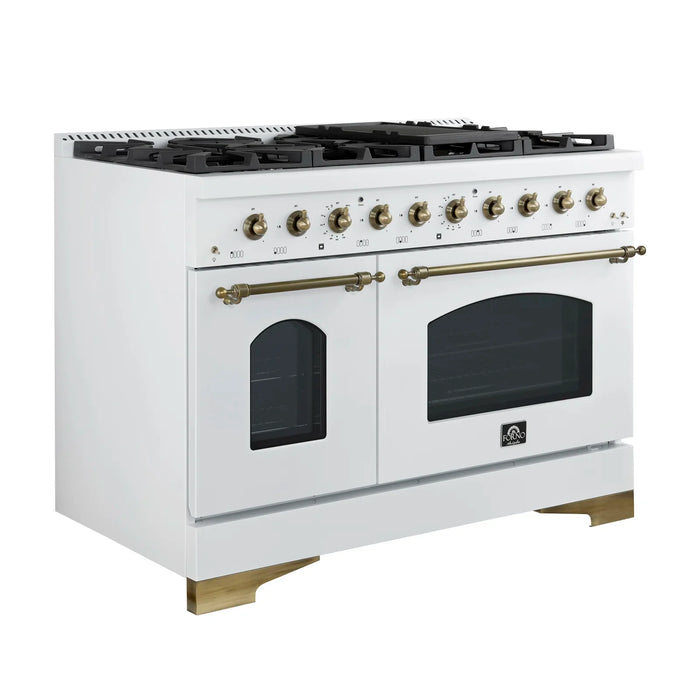 FORNO Espresso Antico 48" 5.5 cu. ft. Gas Range with 8 Sealed Burners and Griddle in White with Antique Brass Accents, FFSGS6219-48WHT