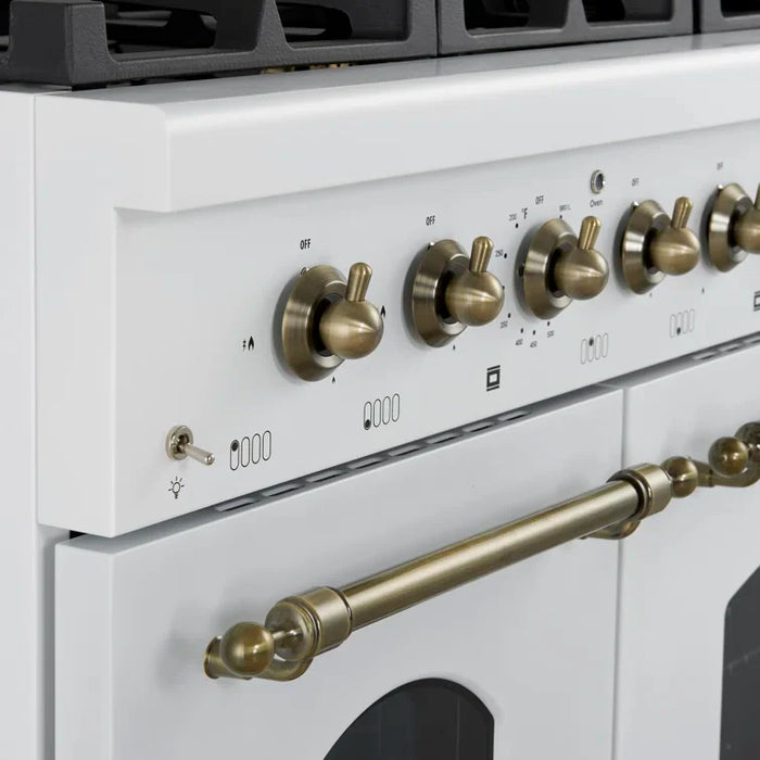 FORNO Espresso Antico 48" 5.5 cu. ft. Dual Fuel Range with 8 Sealed Burners and Griddle in White with Antique Brass Accents, FFSGS6113-48WHT