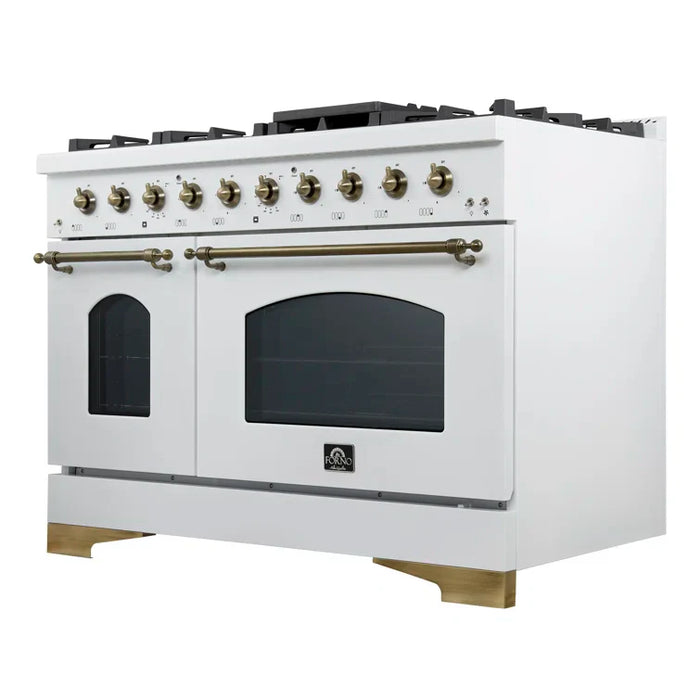 FORNO Espresso Antico 48" 5.5 cu. ft. Dual Fuel Range with 8 Sealed Burners and Griddle in White with Antique Brass Accents, FFSGS6113-48WHT