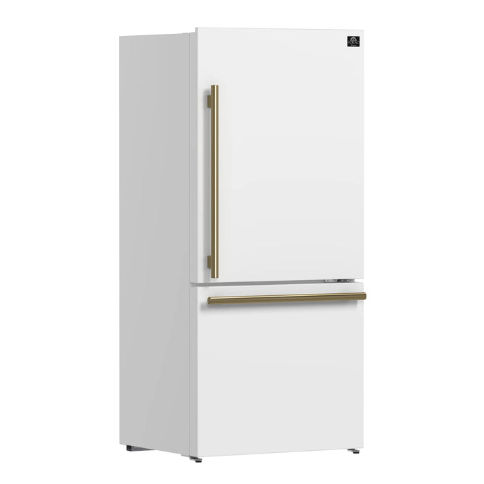 Forno Espresso Package - 30" Gas Range, Refrigerator and Dishwasher in White with Antique Brass Handles, AP-FFSGS1116-30WHT-A-A12-D