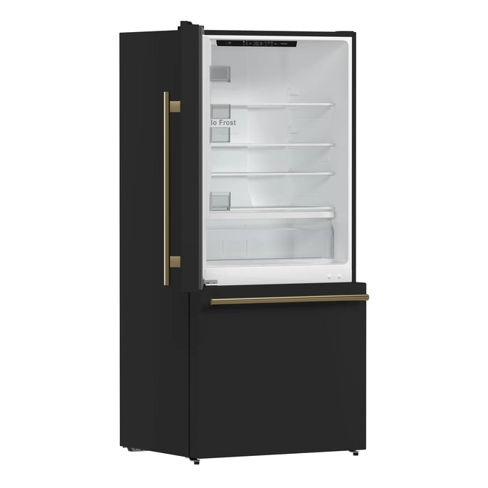 FORNO Espresso Milano 31" 17.2 cu. ft. Refrigerator and Bottom Freezer with Ice Maker in Black and Antique Brass Handles, FFFFD1786-31BLK