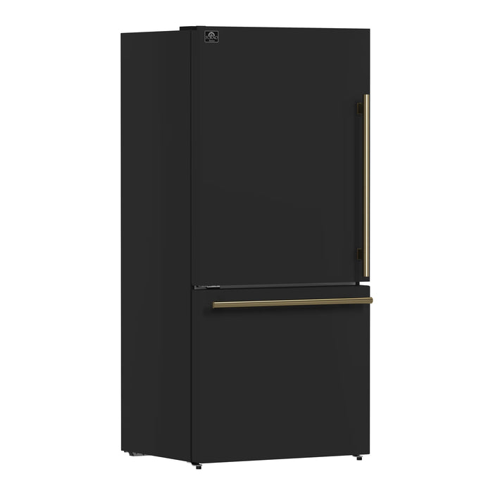 FORNO Espresso Milano 31" 17.2 cu. ft. Refrigerator and Bottom Freezer with Ice Maker in Black and Antique Brass Handles, FFFFD1786-31BLK