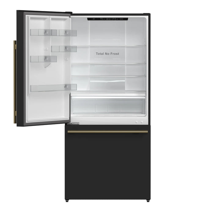 FORNO Espresso Milano 31" 17.2 cu. ft. Refrigerator and Bottom Freezer with Ice Maker in Black and Antique Brass Handles, FFFFD1786-31BLK