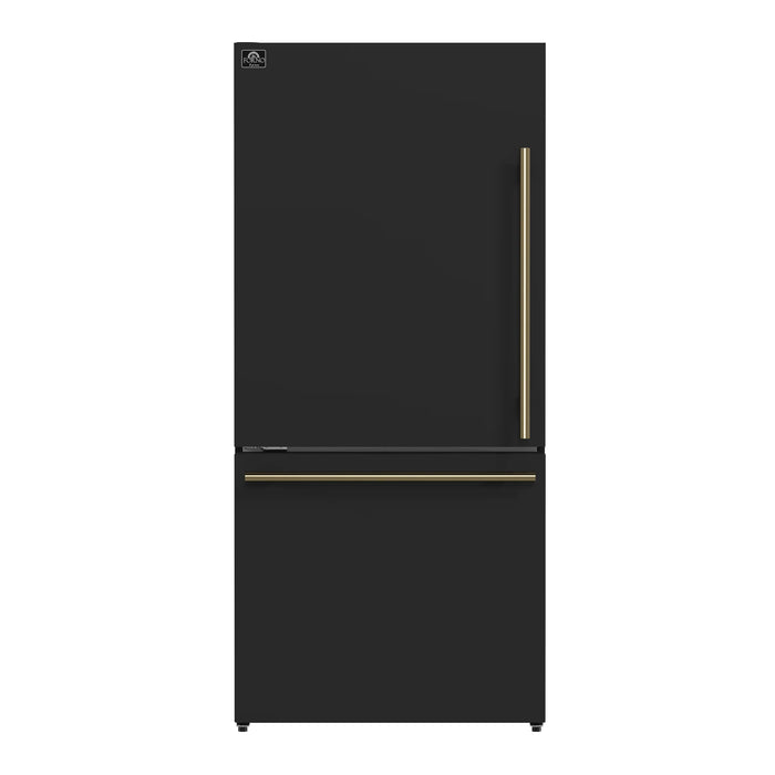FORNO Espresso Milano 31" 17.2 cu. ft. Refrigerator and Bottom Freezer with Ice Maker in Black and Antique Brass Handles, FFFFD1786-31BLK