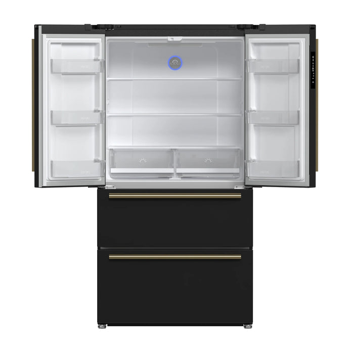 Forno Espresso Package - 30" Electric Range, Range Hood and Refrigerator in Black with Antique Brass Handles, AP-FFSEL6012-30BLK-A-3P-36R