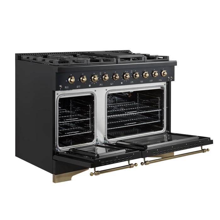 FORNO Espresso Antico 48" 5.5 cu. ft. Gas Range with 8 Sealed Burners and Griddle in Black with Antique Brass Accents, FFSGS6219-48BLK