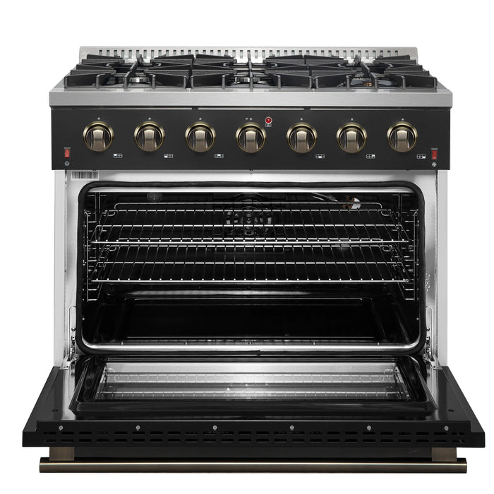 FORNO Galiano 36" 5.36 cu. ft. Gas Range with 6 Sealed Burners in Black with Antique Brass Accents, FFSGS6244-36BLK