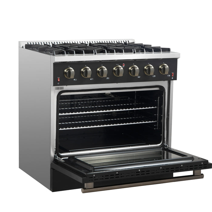 FORNO Galiano 36" 5.36 cu. ft. Gas Range with 6 Sealed Burners in Black with Antique Brass Accents, FFSGS6244-36BLK