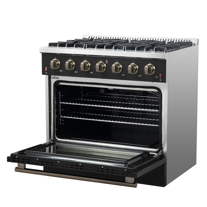 FORNO Galiano 36" 5.36 cu. ft. Gas Range with 6 Sealed Burners in Black with Antique Brass Accents, FFSGS6244-36BLK