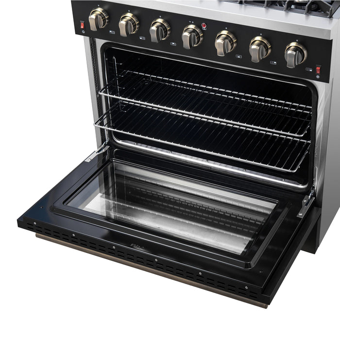 FORNO Galiano 36" 5.36 cu. ft. Gas Range with 6 Sealed Burners in Black with Antique Brass Accents, FFSGS6244-36BLK