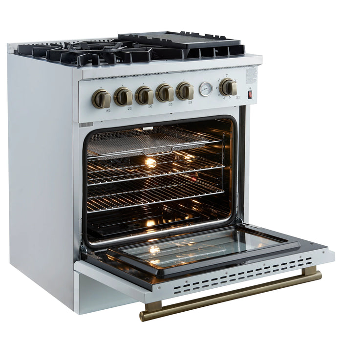 FORNO Giovanni 30" 4.32 cu. ft. Gas Range with 5 Burners, Air Fry Basket, Wok Support and Griddle in White with Antique Brass Accents, FFSGS6274-30WHT
