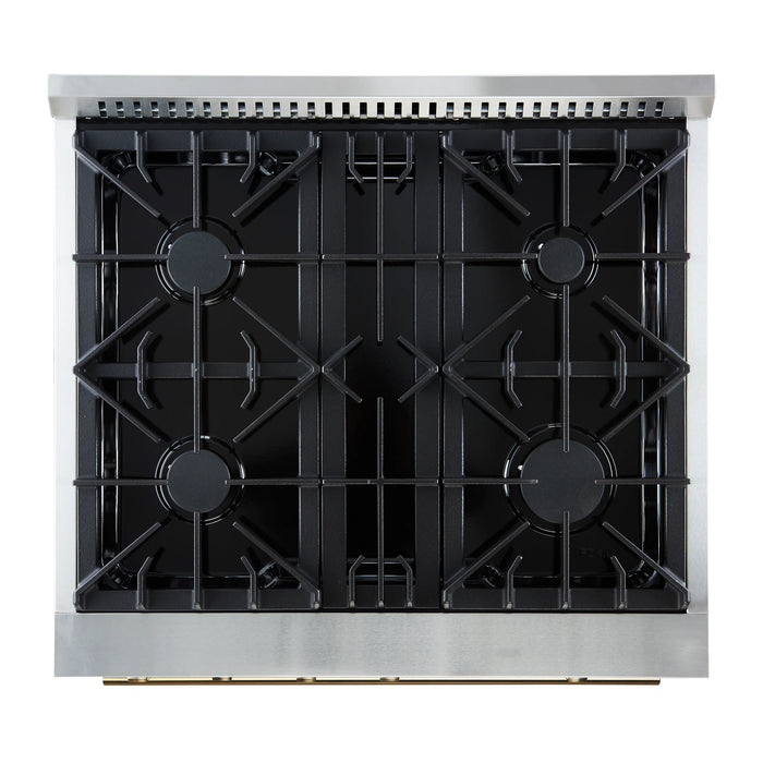 FORNO Marco 30" 4.32 cu.ft. Gas Range with 4 Burners and Temperature Gauge in Black with Antique Brass Accents, FFSGS6277-30BLK
