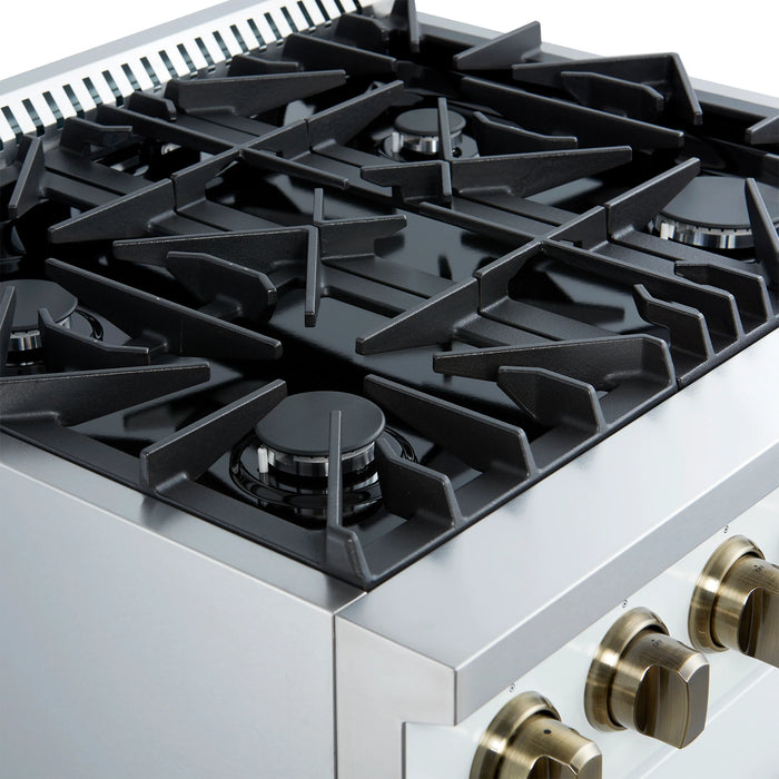 FORNO Marco 30" 4.32 cu.ft. Gas Range with 4 Burners and Temperature Gauge in White with Antique Brass Accents, FFSGS6277-30WHT