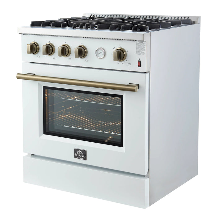 FORNO Marco 30" 4.32 cu.ft. Gas Range with 4 Burners and Temperature Gauge in White with Antique Brass Accents, FFSGS6277-30WHT