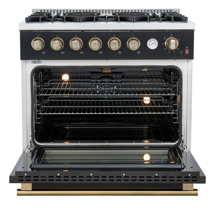 FORNO Marco 36" 5.36 cu.ft. Gas Range with 6 Burners and Temperature Gauge in Black with Antique Brass Accents, FFSGS6277-36BLK