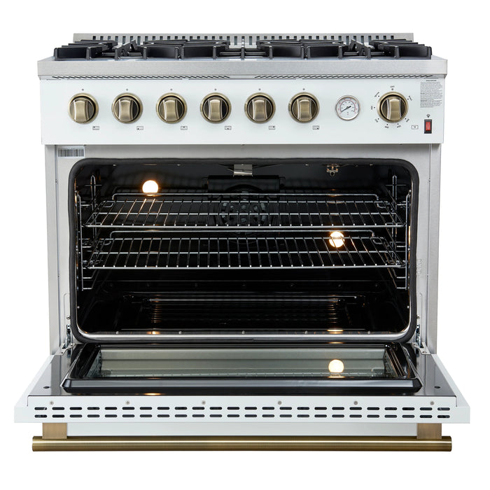 FORNO Marco 36" 5.36 cu.ft. Gas Range with 6 Burners and Temperature Gauge in Black with Antique Brass Accents, FFSGS6277-36WHT