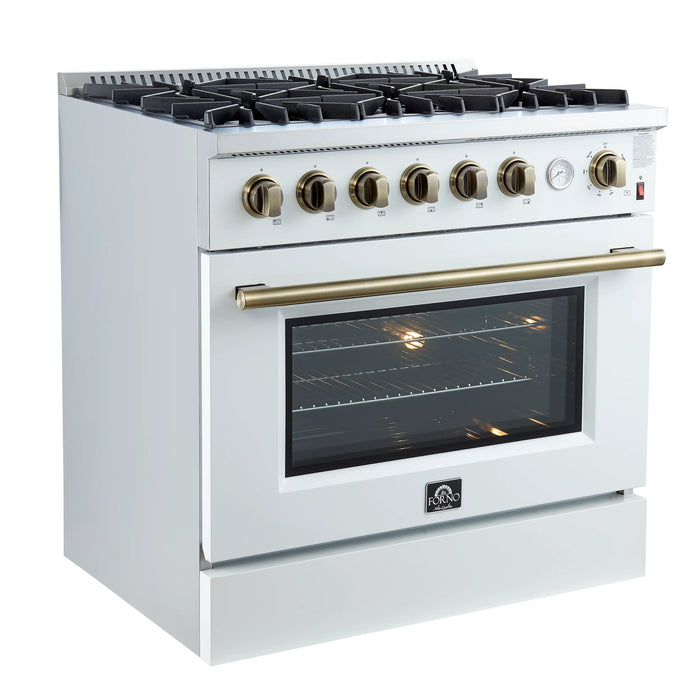 FORNO Marco 36" 5.36 cu.ft. Gas Range with 6 Burners and Temperature Gauge in Black with Antique Brass Accents, FFSGS6277-36WHT