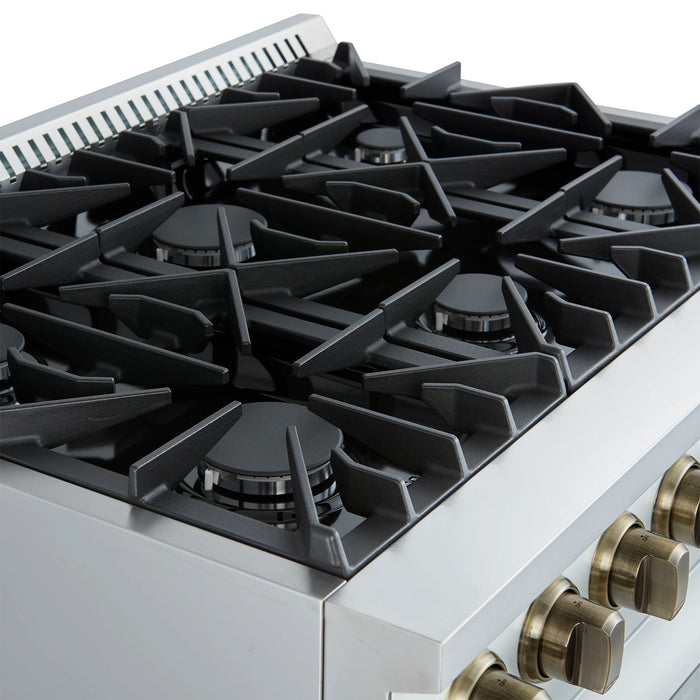 FORNO Marco 36" 5.36 cu.ft. Gas Range with 6 Burners and Temperature Gauge in Black with Antique Brass Accents, FFSGS6277-36WHT