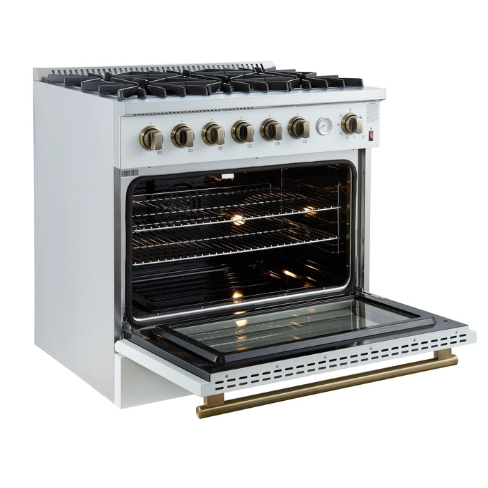 FORNO Marco 36" 5.36 cu.ft. Gas Range with 6 Burners and Temperature Gauge in Black with Antique Brass Accents, FFSGS6277-36WHT