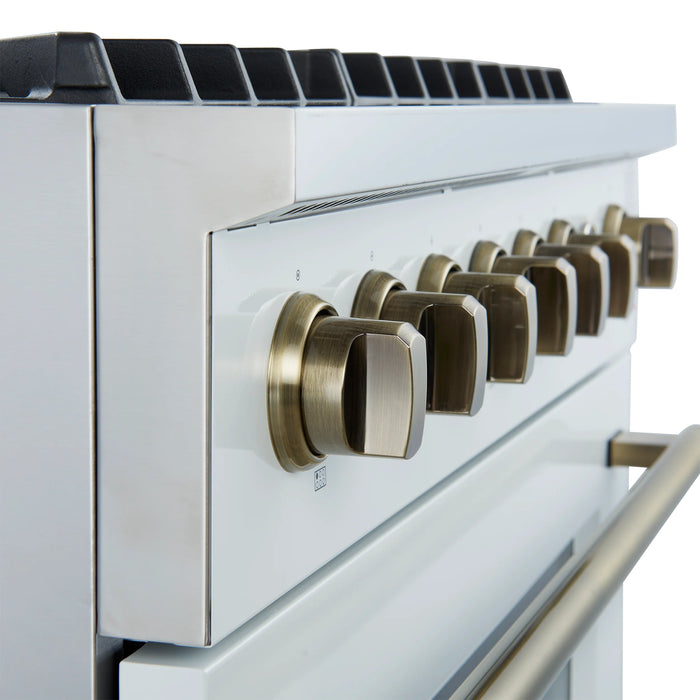 FORNO Marco 36" 5.36 cu.ft. Gas Range with 6 Burners and Temperature Gauge in Black with Antique Brass Accents, FFSGS6277-36WHT