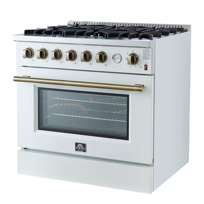 FORNO Marco 36" 5.36 cu.ft. Gas Range with 6 Burners and Temperature Gauge in Black with Antique Brass Accents, FFSGS6277-36WHT