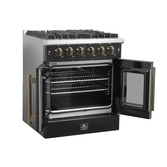 FORNO Galiano 30" 4.32 cu. ft. French Door Gas Range with 5 Sealed Burners in Black with Antique Brass Accents, FFSGS6444-30BLK