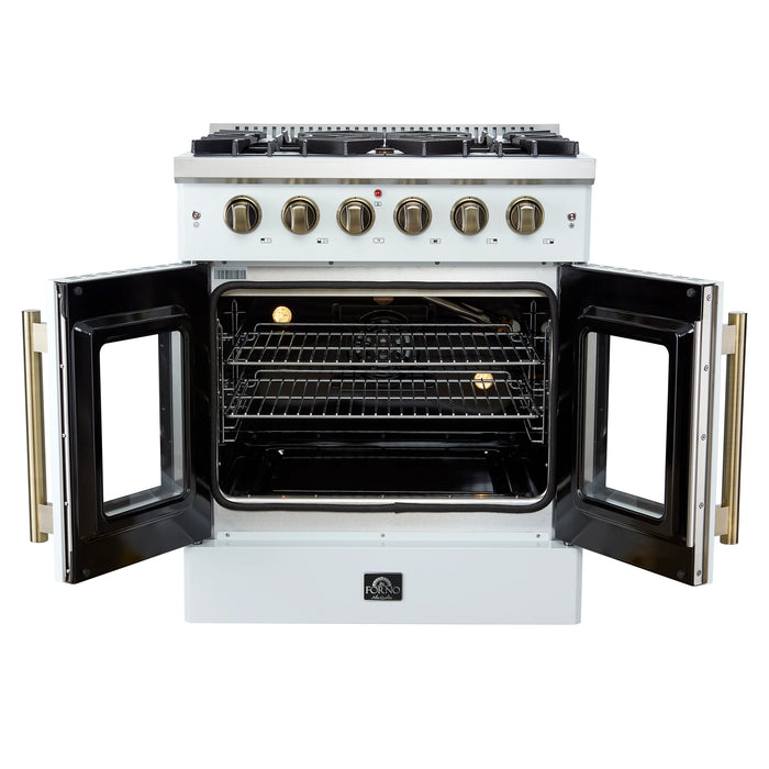 FORNO Galiano 30" 4.32 cu. ft. French Door Gas Range with 5 Sealed Burners in White with Antique Brass Accents, FFSGS6444-30WHT