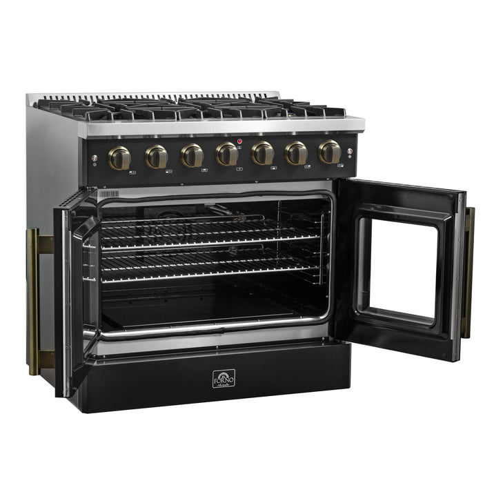 FORNO Galiano 36" 5.36 cu. ft. French Door Gas Range with 6 Sealed Burners in Black with Antique Brass Accents, FFSGS6444-36BLK