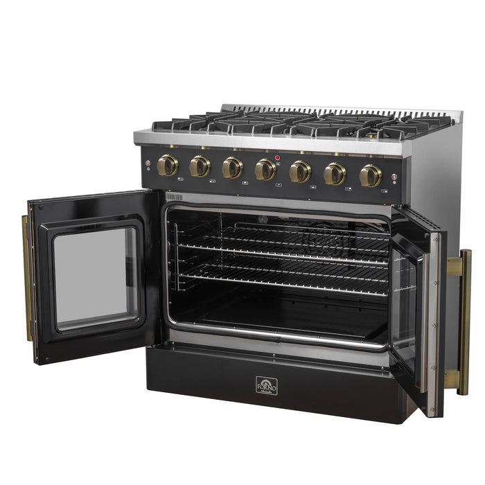 FORNO Galiano 36" 5.36 cu. ft. French Door Gas Range with 6 Sealed Burners in Black with Antique Brass Accents, FFSGS6444-36BLK